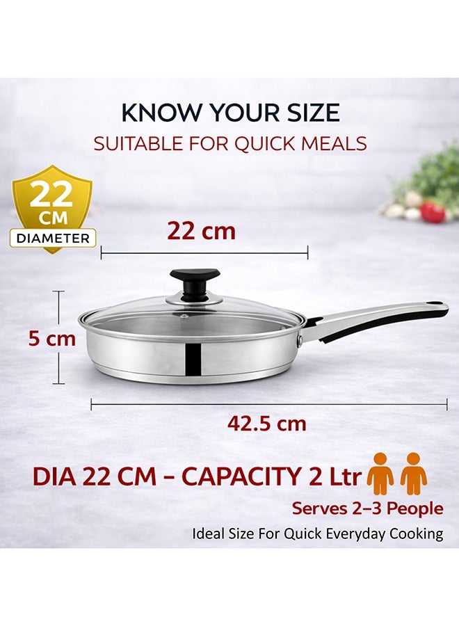 SONEX مقلاة سونكس الفاخرة 22 سم (2 لتر) – ستانلس ستيل، غطاء زجاجي، مقبض مريح بارد، قاعدة ساندويتش، تصميم متين، آمنة في غسالة الصحون، مقلاة للقلي، متوافقة مع جميع أنواع المواقد - Image 2